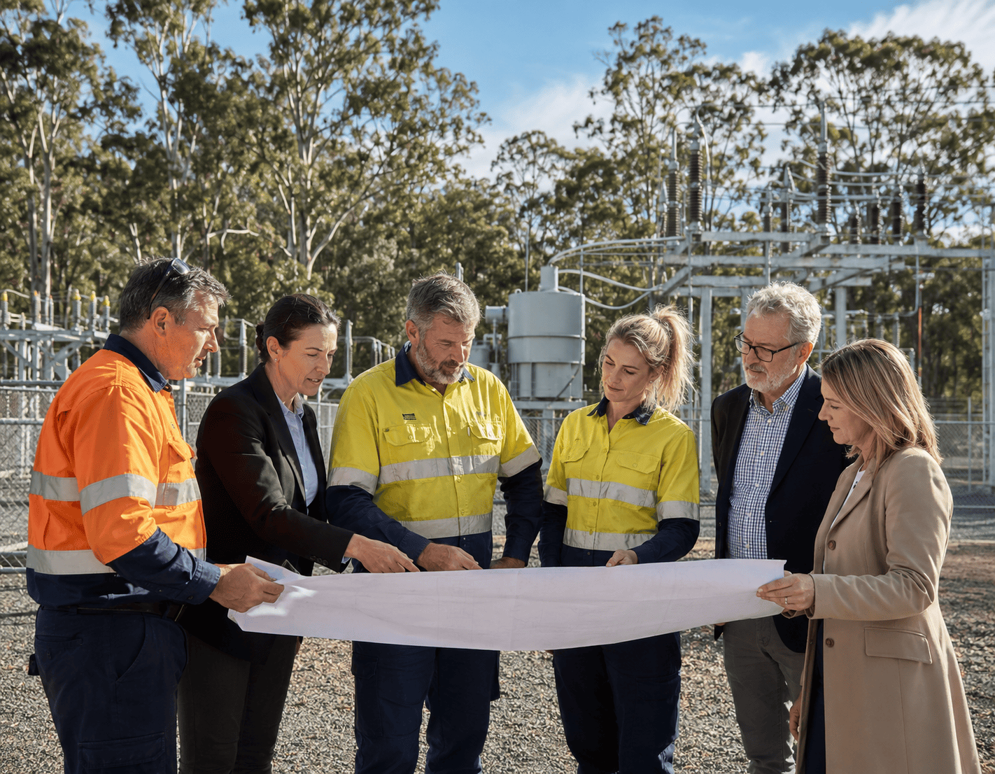 Community and industry representatives discussing an energy infrastructure project