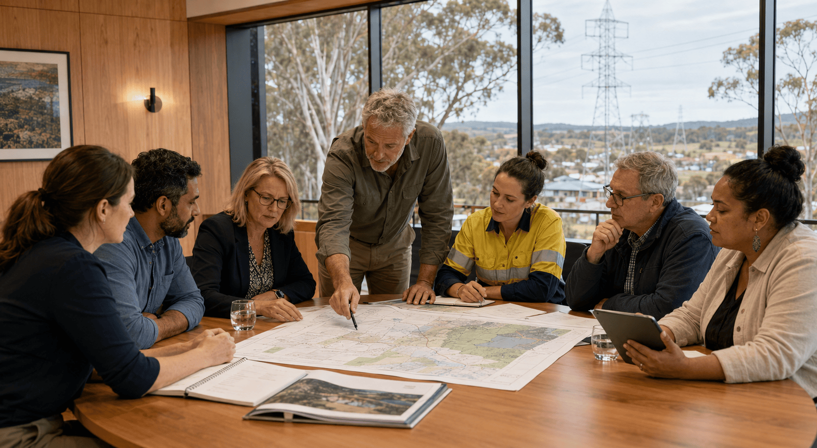 Community and industry representatives discussing an energy infrastructure project