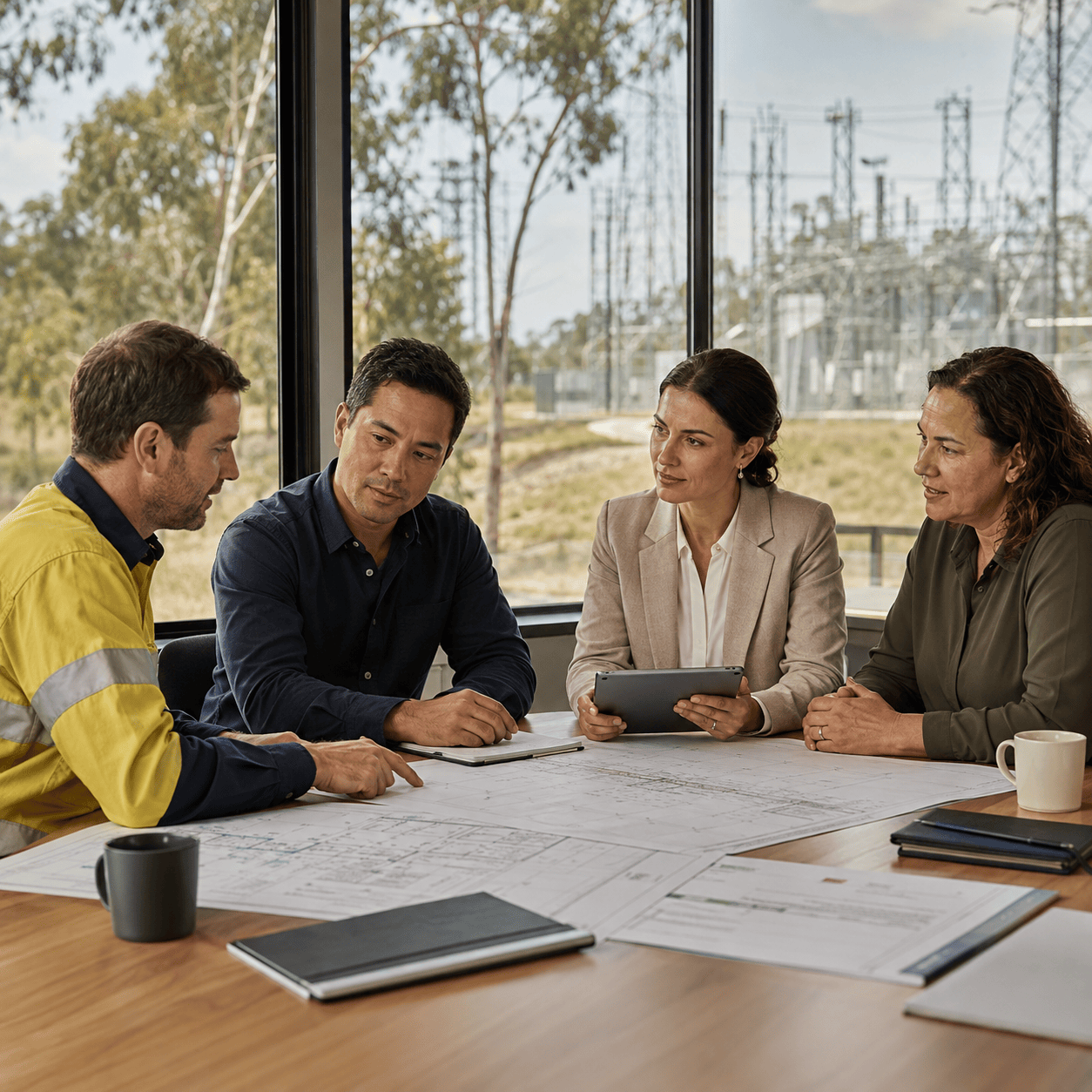 Community and industry representatives discussing an energy infrastructure project